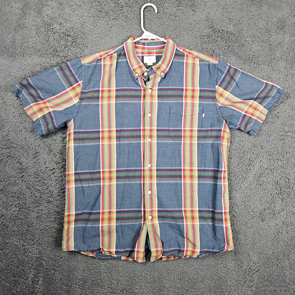Obey Worldwide Mens‎ XL Short Sleeve Button Down Shirt Blue Red Plaid Cotton